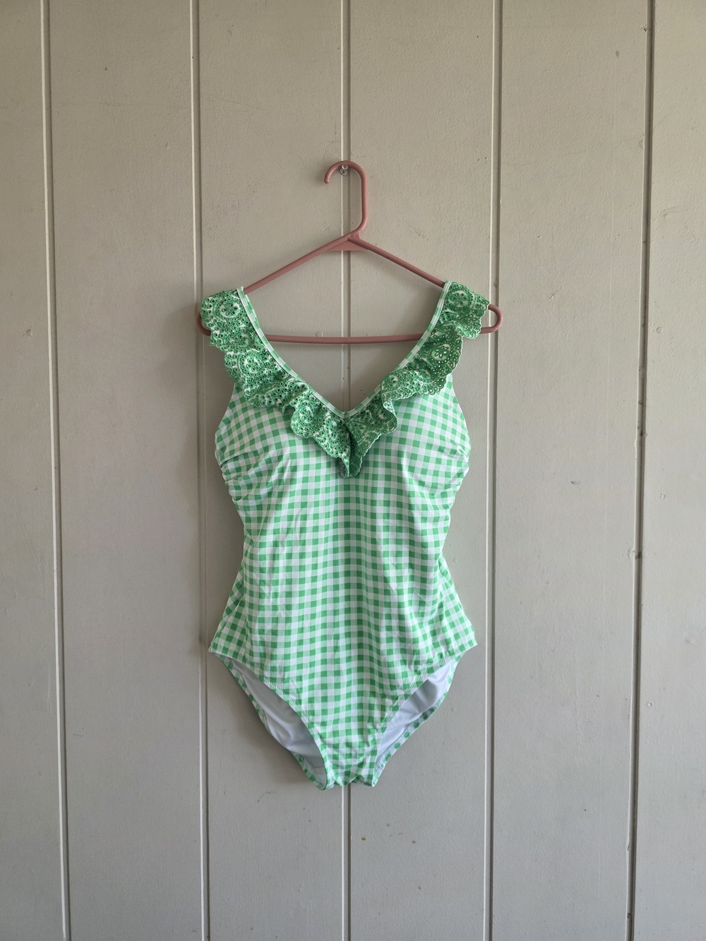 Lands End Draper James Green Gingham Ruffle One Piece Swimsuit New Sz 10